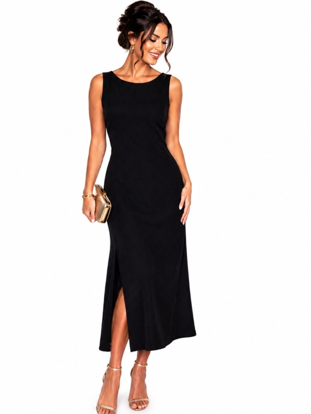 Mod Ref NEW Black Cocktail Romantic Sleeveless Open Back Long Maxi Dress Size L
